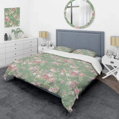 Design Art Pink Flowers And Leaf - Floral Duvet Cover Set - Microfiber Polyester In Pink,green