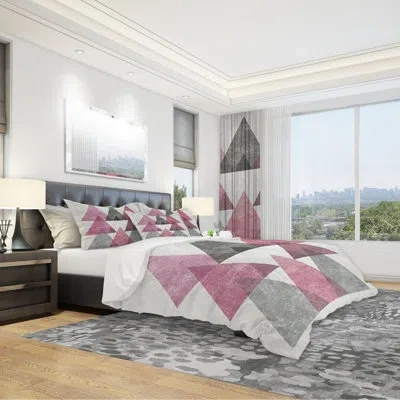 Design Art Pink Geometric Mod Triangles I - Mid-century Modern Duvet Cover Set - Microfiber Polyester