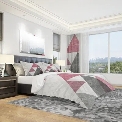 Design Art Pink Geometric Mod Triangles Ii - Mid-century Modern Duvet Cover Set - Microfiber Polyester In Gray