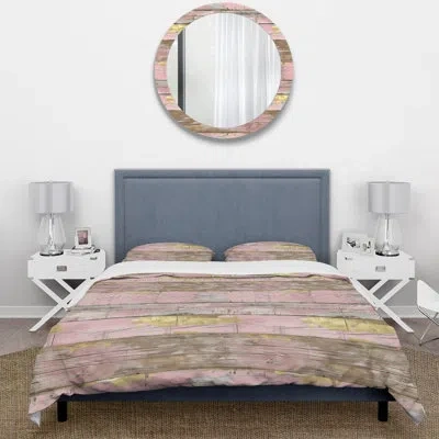 Design Art Pink Gold Farmhouse Wood - Farmhouse Duvet Cover Set In Pink;gold
