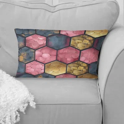 Design Art Pink Gold Midcentury Hexagon - Midcentury Lumbar Pillow In Pink;gold