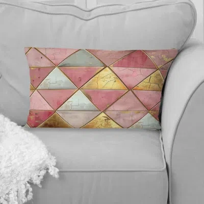 Design Art Pink Gold Midcentury Triangle I - Midcentury Lumbar Pillow In Pink;gold