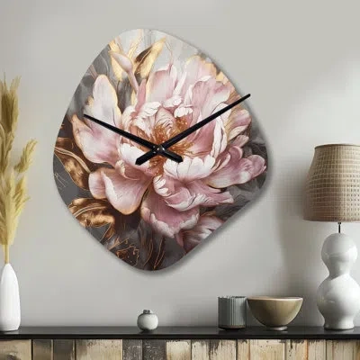 Design Art Pink Gold Peonies Petals - Peonies Asymmetrical Metal Wall Clock, Pink Irregular Shape Wall Clock Pr In Pink;gold