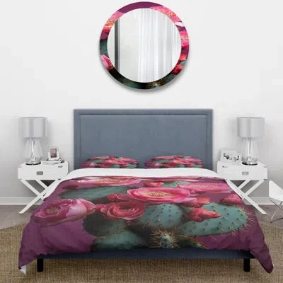 Design Art Pink Green Cactus Desert Bloom Prickly I - Cactus Duvet Cover Set - Microfiber Polyester In Green;pink