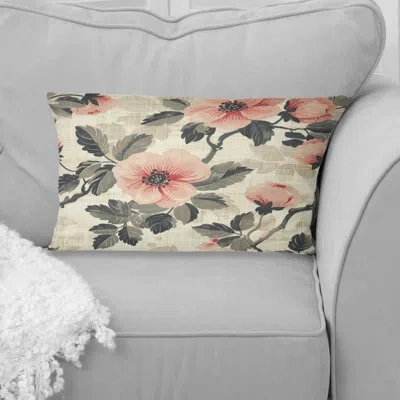 Design Art Pink Green Modern Floral Gardens I - Modern Lumbar Pillow In Green;pink