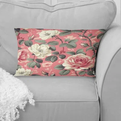 Design Art Pink Green Traditional Flower Garden - Traditional Lumbar Pillow In Green;pink