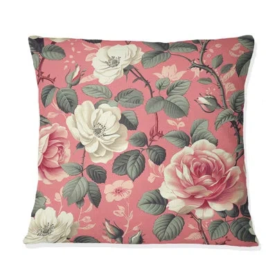 Design Art Pink Green Traditional Flower Garden - Traditional Throw Pillow In Green;pink