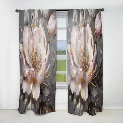 Design Art Pink Grey Peonies Blooming Iii - Floral Velvet Curtain - 1 Panel In Gray;pink