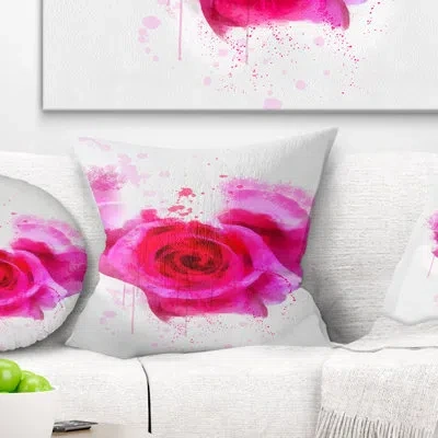 Design Art Pink Hand Drawn Rose On White - Floral Printed Pillow In White;pink