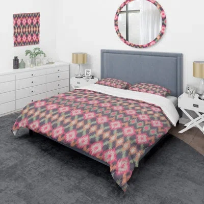 Design Art Pink Ikat Ethnic Pattern - Patterned Duvet Cover Set In Green;pink