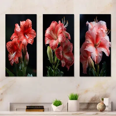 Design Art Pink Lily Flower Elegance I - Lily Canvas Art Print Set Of 3 In Wrapped Canvas