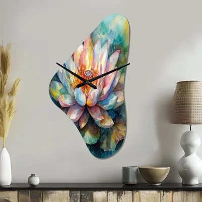 Design Art Pink Lotus Floral Dreams Ii - Lotus Asymmetrical Metal Wall Clock, Pink Irregular Shape Clock Print In Green;pink