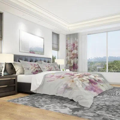 Design Art Pink Magnolia Flowers - Shabby Elegance Duvet Cover Set - Microfiber Polyester In Gray