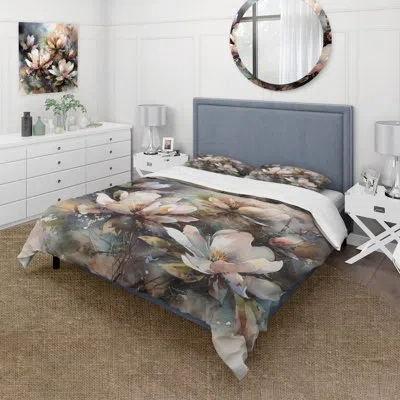 Design Art Pink Magnolia Symphony Ii - Magnolias Duvet Cover Set - Microfiber Polyester In Brown;pink