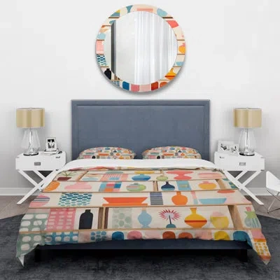Design Art Pink Mid Century Playful Patterns Iv - Abstract Midcentury 4 Pcs Comforter Set In Blue;pink