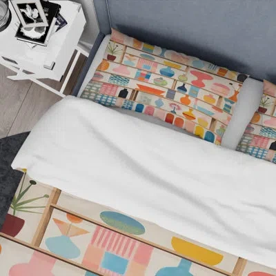Design Art Pink Mid Century Playful Patterns Iv - Abstract Midcentury Duvet Cover Set - Microfiber Polyester In Blue;pink;orange
