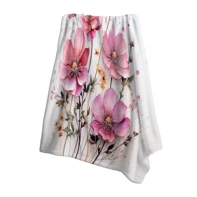 Design Art Pink Minimalism Pink Flower - Floral Fleece Throw Blanket In Beige;pink