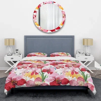 Design Art Pink Orchid Flower Pink Orchid Flower - Cabin & Lodge Duvet Cover Set In Pink,white