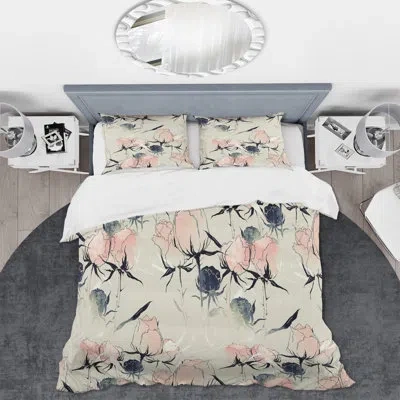 Design Art Pink Pastel Roses - Traditional Duvet Cover Set - Microfiber Polyester In White;beige;pink