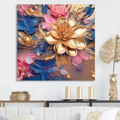 Design Art Pink Peony With Golden Leaves I - Peonies Canvas Print_105705 In Wrapped Canvas