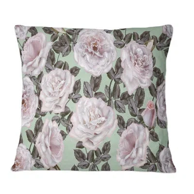 Design Art Pink Retro Roses - Traditional Printed Throw Pillow In Green;pink
