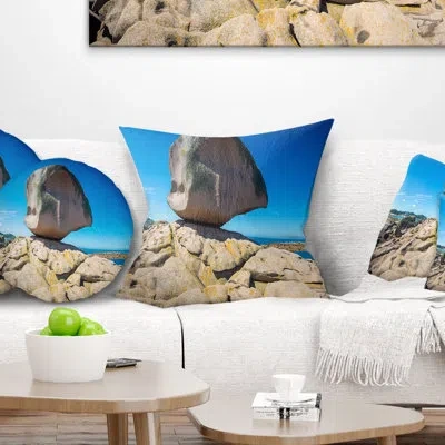 Design Art Pink Rock In Tregastel - Landscape Printed Pillow In Blue