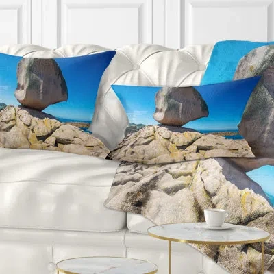 Design Art Pink Rock In Tregastel - Landscape Printed Throw Pillow In Blue