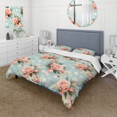 Design Art Pink Romantic Rose And Poka Dot Delight Bedding In Blue;pink