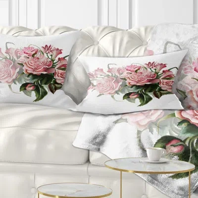 Design Art Pink Rose Bouquet Watercolor - Floral Printed Throw Pillow In Pink;pink