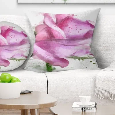 Design Art Pink Rose Drawing Watercolor - Floral Printed Pillow