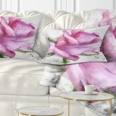Design Art Pink Rose Drawing Watercolor - Floral Printed Throw Pillow