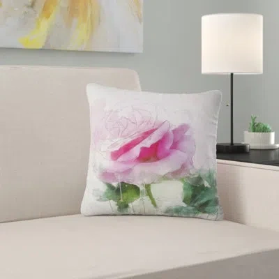 Design Art Pink Rose Sketch With Green Leaves - Floral Printed Pillow In Green;pink