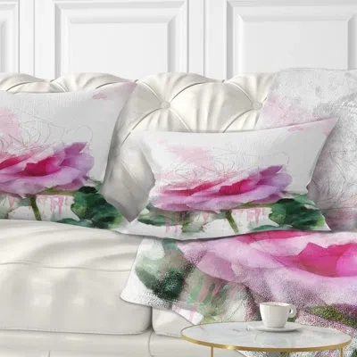 Design Art Pink Rose Stem With Paint Splashes - Floral Printed Throw Pillow