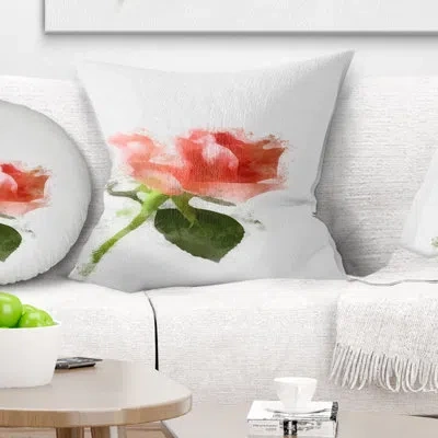 Design Art Pink Rose Watercolor With Stem - Floral Printed Pillow