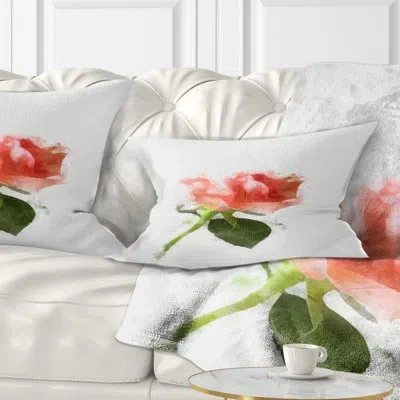 Design Art Pink Rose Watercolor With Stem - Floral Printed Throw Pillow