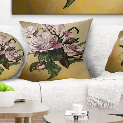 Design Art Pink Rose With Leaves Watercolor - Floral Printed Pillow