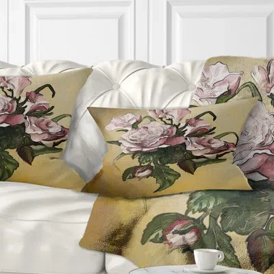 Design Art Pink Rose With Leaves Watercolor - Floral Printed Throw Pillow In Pink;pink