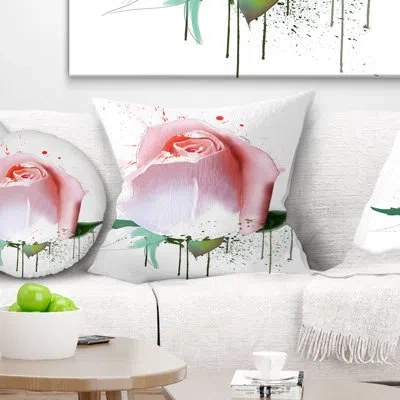 Design Art Pink Rose With Paint Splashes - Floral Printed Pillow