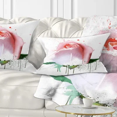 Design Art Pink Rose With Paint Splashes - Floral Printed Throw Pillow