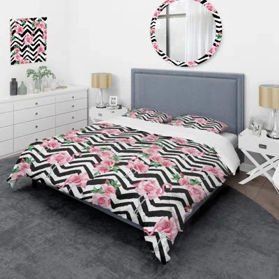 Design Art Pink Roses And Green Leaf - Floral Duvet Cover Set - Microfiber Polyester In Black,pink,white