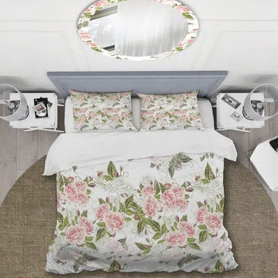 Design Art Pink Roses And Green Leaf - Floral Duvet Cover Set - Microfiber Polyester In White