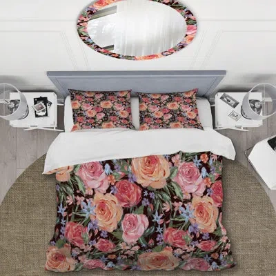 Design Art Pink Roses And Leaf Pink Roses And Leaf - Cabin & Lodge Duvet Cover Set In Pink,green