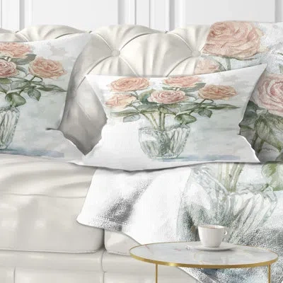 Design Art Pink Roses Bunch In The Vase - Floral Printed Throw Pillow