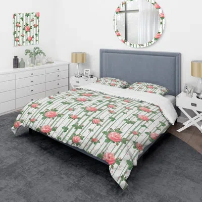 Design Art Pink Roses Striped - Abstract Duvet Cover Set - Microfiber Polyester In Pink,green