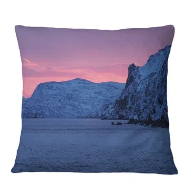 Design Art Pink Sunrise In Winter Over The Norwegian Coast - Nautical & Coastal Printed Throw Pillow In Blue