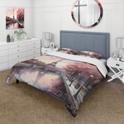 Design Art Pink Twilight Rendezvous In Paris Ii - Amusement Parks Duvet Cover Set - Microfiber Polyester In Beige;pink