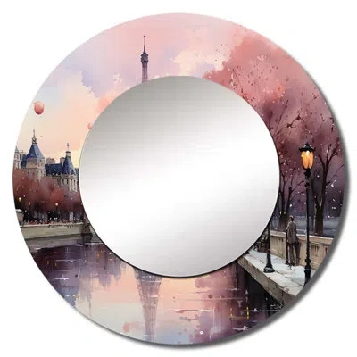 Design Art Pink Twilight Rendezvous In Paris Ii - Amusement Parks Wall Mirror, Traditional Round Decorative Mir In Pink;beige