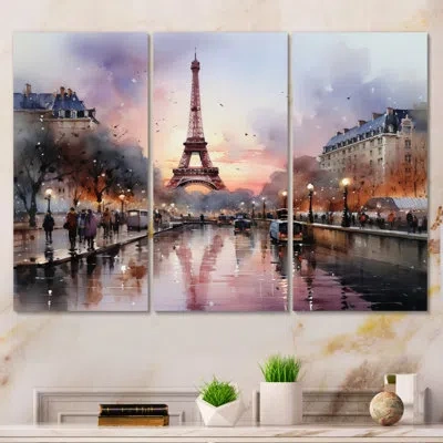 Design Art Pink Twilight Rendezvous In Paris Iii - City Paris Metal Art Print Set In Beige;pink