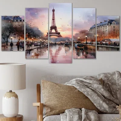 Design Art Pink Twilight Rendezvous In Paris Iii - City Paris Metal Art Print Set In Beige;pink