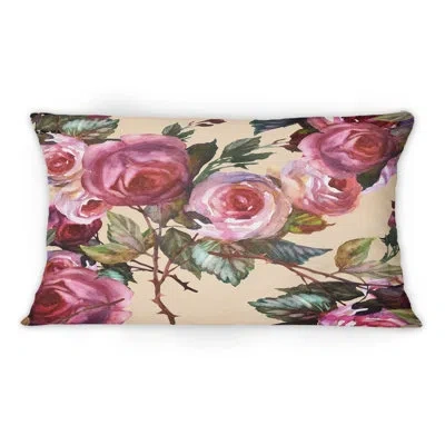 Design Art Pink Vintage Roses On Yellow -1 Patterned Printed Throw Pillow